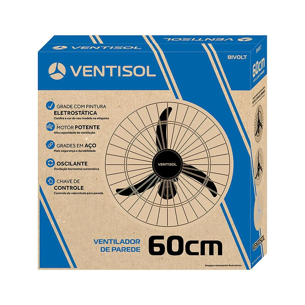 Imagem 2 de 5 do produto Ventilador De Parede Ventisol Oscilante, 60cm, 3 Pás, 200W, Bivolt, Preto