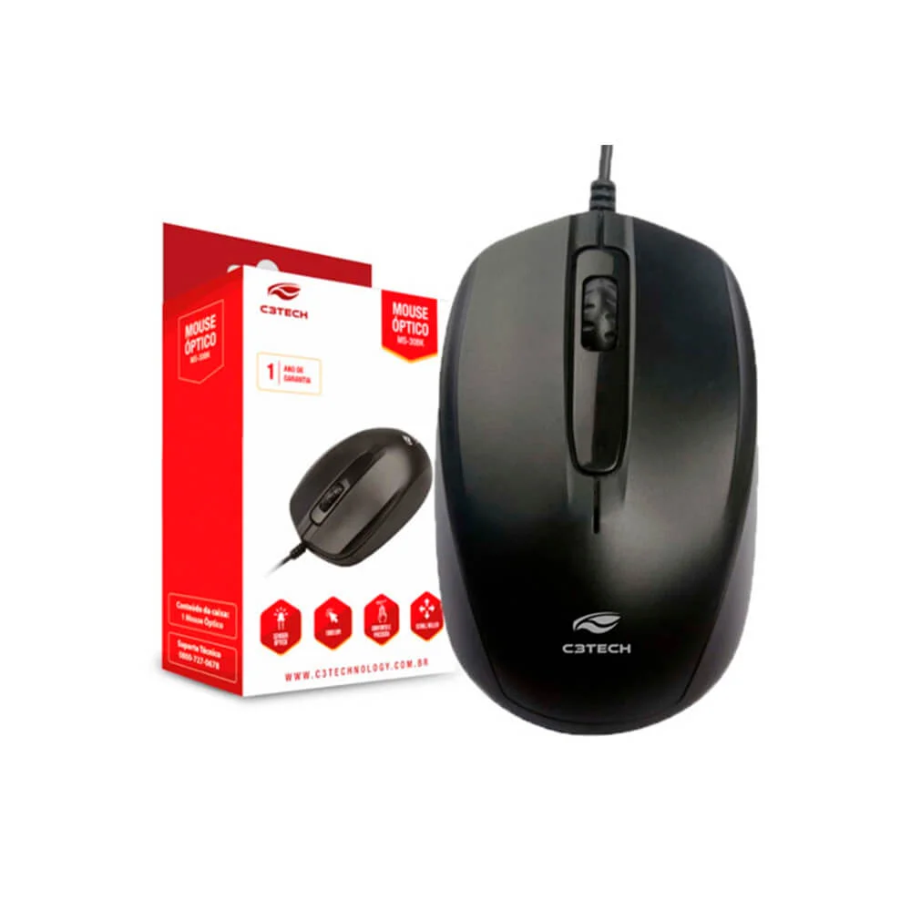 Mouse C3 Tech, USB, 1000DPI, Preto - MS-20BK Mouse C3 Tech, USB, 1000DPI, Preto - MS-20BK