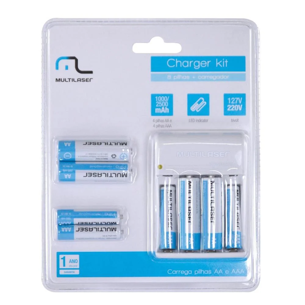Carregador de Pilhas Multi, 4 Pilhas AA 2500Mah, e 4 Pilhas AAA 1000Mah, Bivolt - CB093 Carregador de Pilhas Multi, 4 Pilhas AA 2500Mah, e 4 Pilhas AAA 1000Mah, Bivolt - CB093