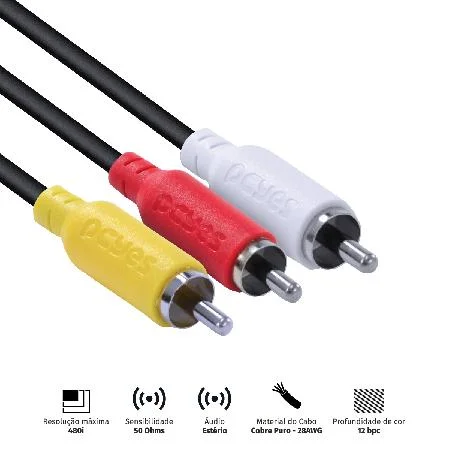 Imagem 2 de 5 do produto Cabo De Vídeo Composto 3 Rca Macho Para 3 Rca Macho 28Awg Puro Cobre 2 Metros - P3r-2
