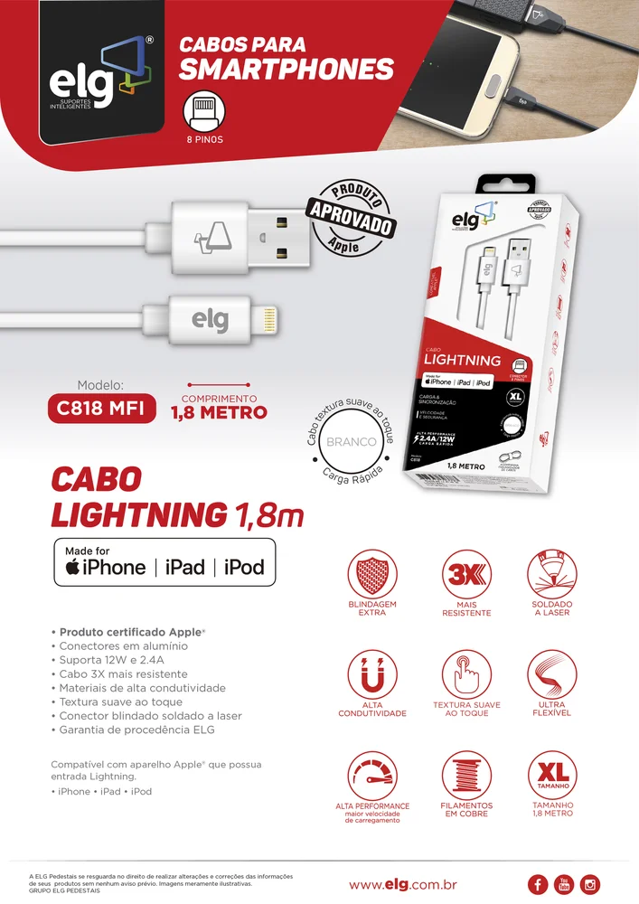 Cabo Usb ELG, Lightning p/ iPhone, 1.8M - C818