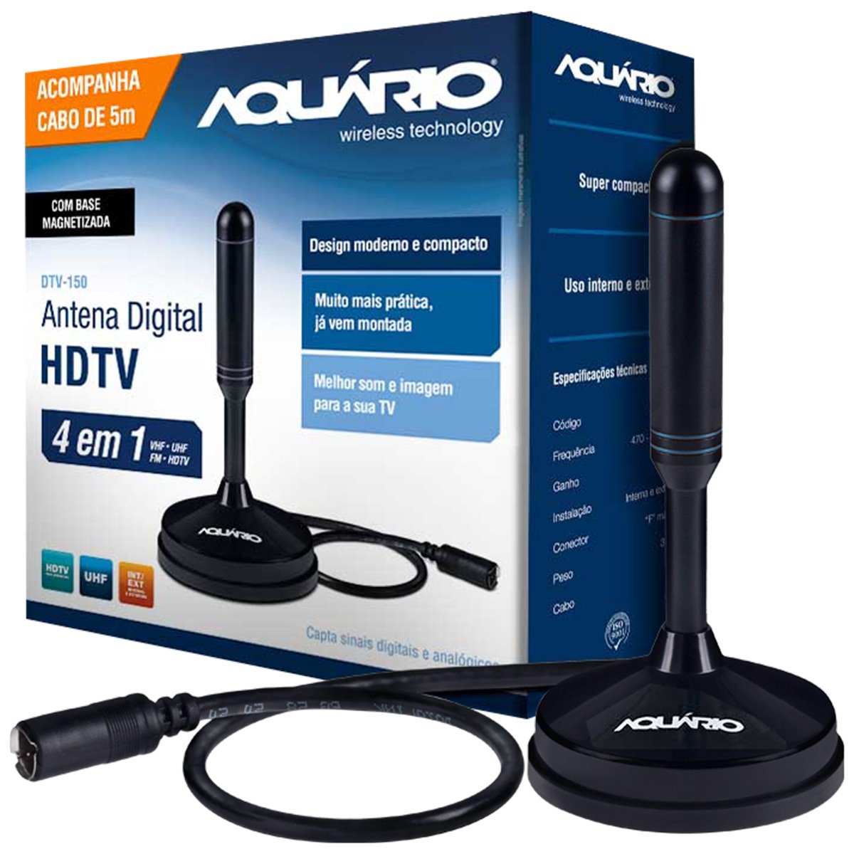 Antena Digital Para TV 4 Em 1, Cabo De 5Mts, Aquário - DTV-150