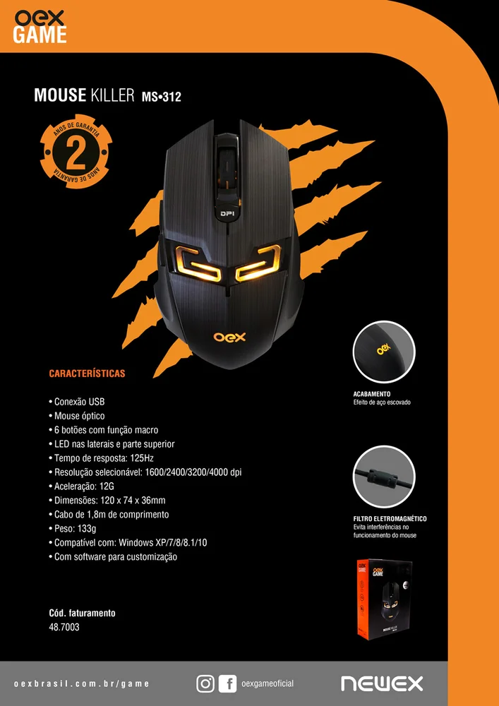 Imagem 4 de 5 do produto Mouse Killer, 4000dpi, Led, USB, Aço Escovado, Oex -  Ms312.