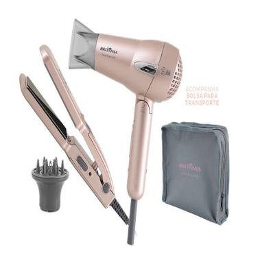 Kit Britânia Travel Rose Gold compõe de um secador bivolt com difusor e uma prancha bivolt lindíssima. Eles estão dentro de uma linda necessaire para