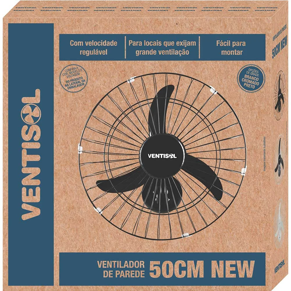 Imagem 2 de 5 do produto Ventilador De Parede Ventisol New Premium, 3 Pás, 130W, 3 Velocidades, 127V, Preto