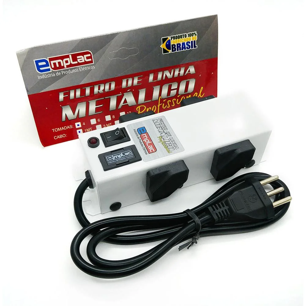 Filtro de Linha Profissional Emplac, 4 Tomadas, 10A, Bivolt, Cabo de 1 Metro, Certificado Gabinete Metálico, Protetor Eletrônico, Branco - F50094