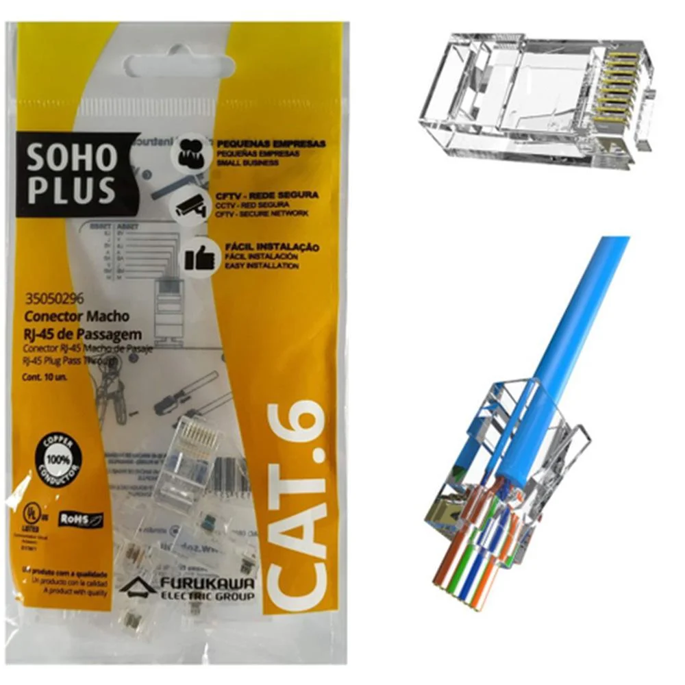 Imagem 2 de 4 do produto Conector Rj45 Cat.6 Furukawa, Macho De Passagem - Pacote Com 10 Plugs