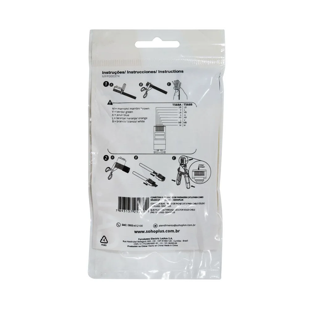 Imagem 4 de 4 do produto Conector Rj45 Cat.6 Furukawa, Macho De Passagem - Pacote Com 10 Plugs