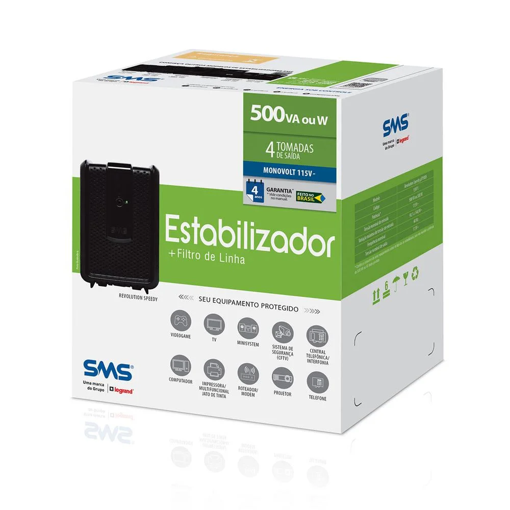Imagem 5 de 5 do produto Estabilizador 500VA Monovolt Entrada e Saida 115V SMS Revolution Speedy 4 Tomadas 15971