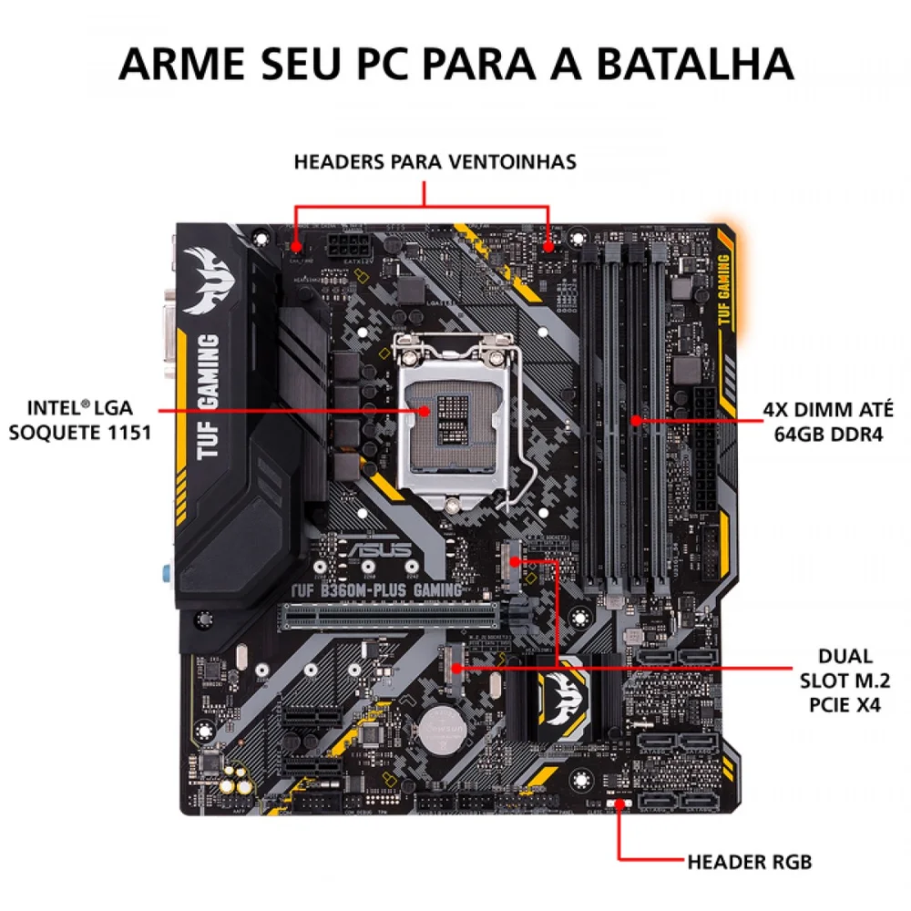Imagem 2 de 5 do produto Placa-Mãe Asus TUF Gaming BR, Intel LGA 1151, mATX, DDR4 - B360M-PLUS