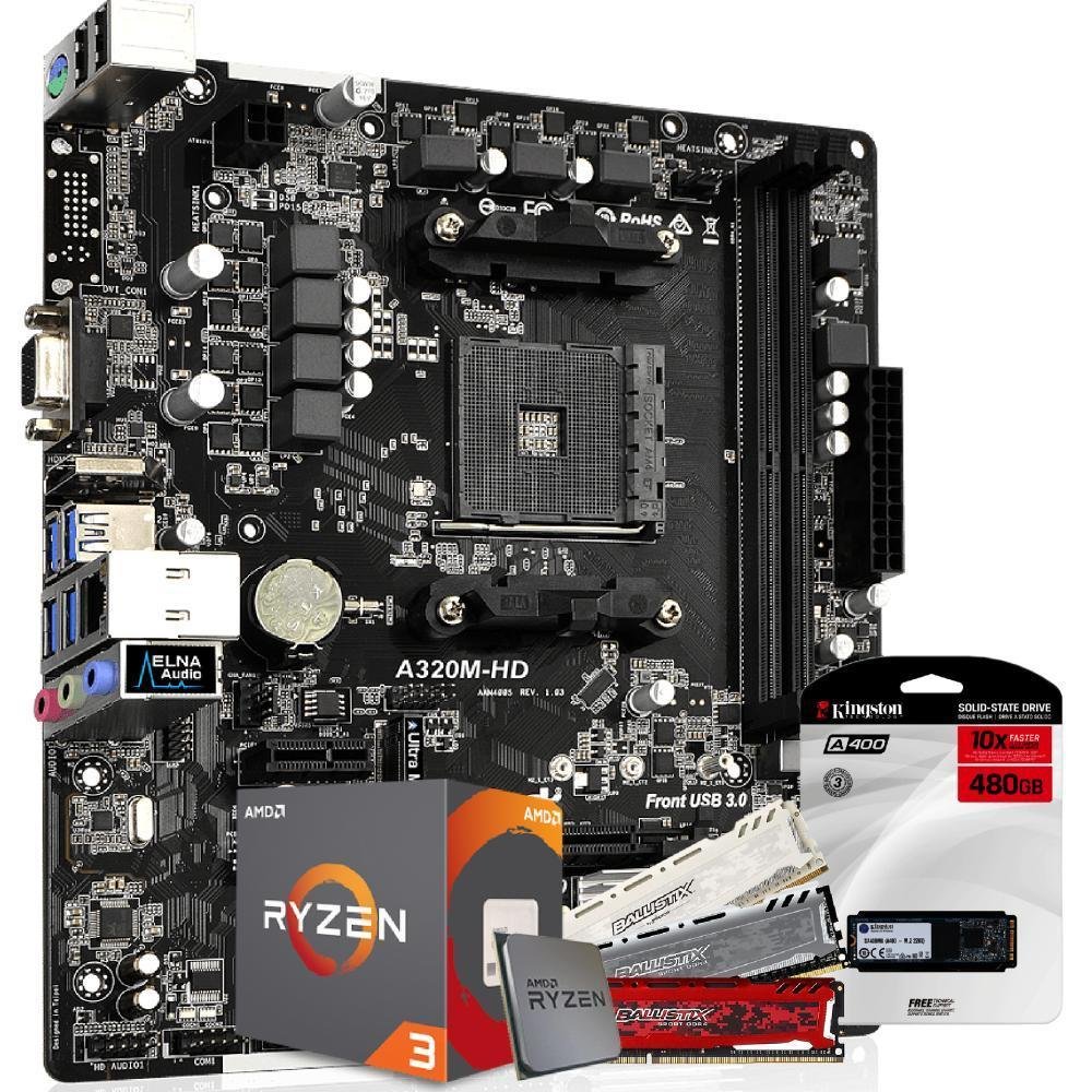 Kit Upgrade Skill - Placa Mãe Asrock A320M-HDV, AMD AM4 + Processador AMD Ryzen 3 3200G, 4.0GHz + Memória 8GB DDR4 + SSD 480GB