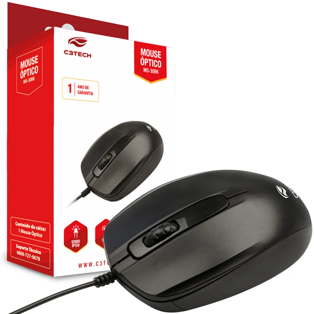 Mouse C3Tech, USB, 1000 DPI, Preto - MS-30BK Mouse C3Tech, USB, 1000 DPI, Preto - MS-30BK