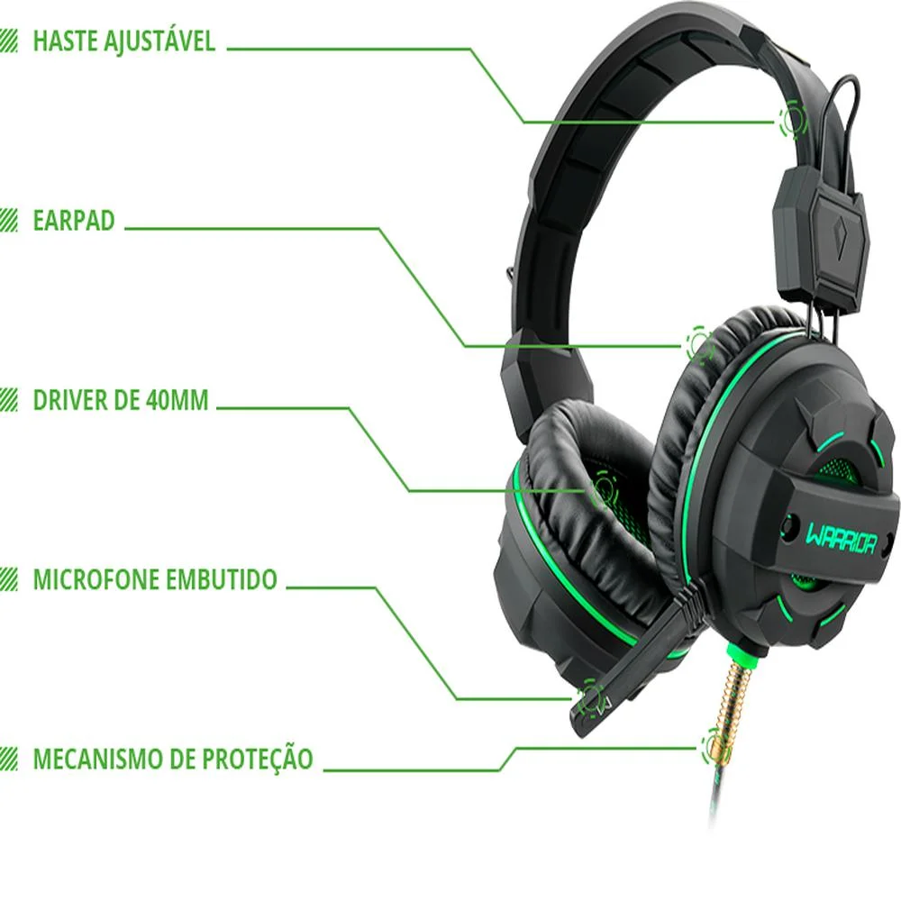 Imagem 4 de 5 do produto Headset Gamer Warrior USB e P2 com LED Verde - PH143