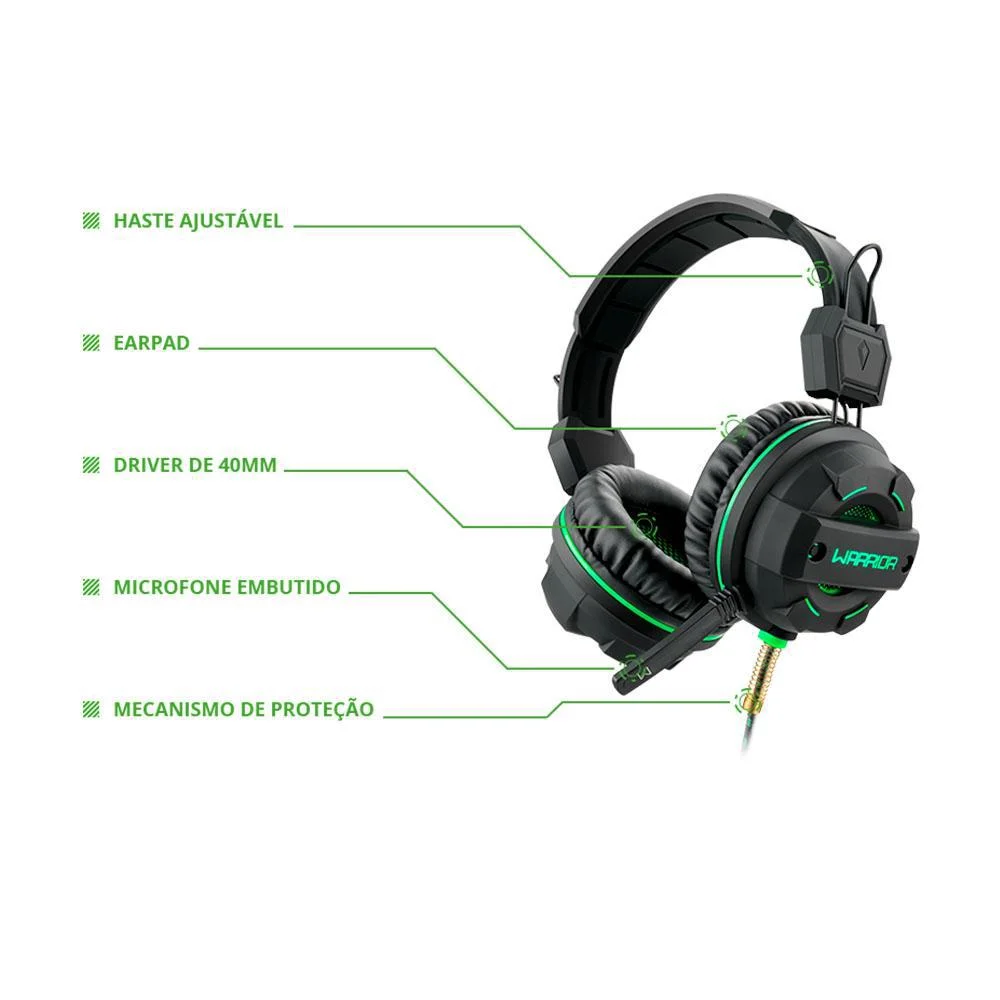 Imagem 5 de 5 do produto Headset Gamer Warrior USB e P2 com LED Verde - PH143