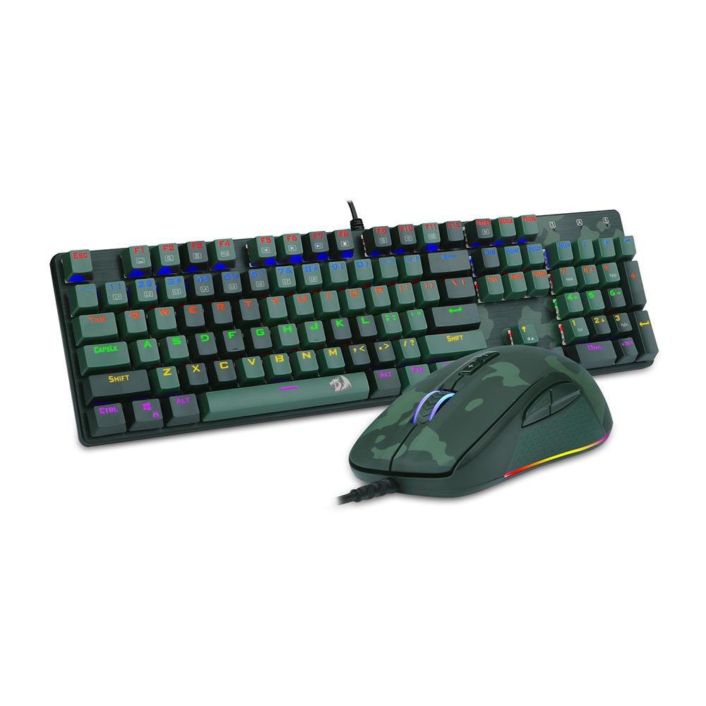 Kit Gamer Redragon Teclado Mecânico Gamer Rainbow ABNT2 Camuflado + Mouse Gamer S108 PT-LIGHT GREEN