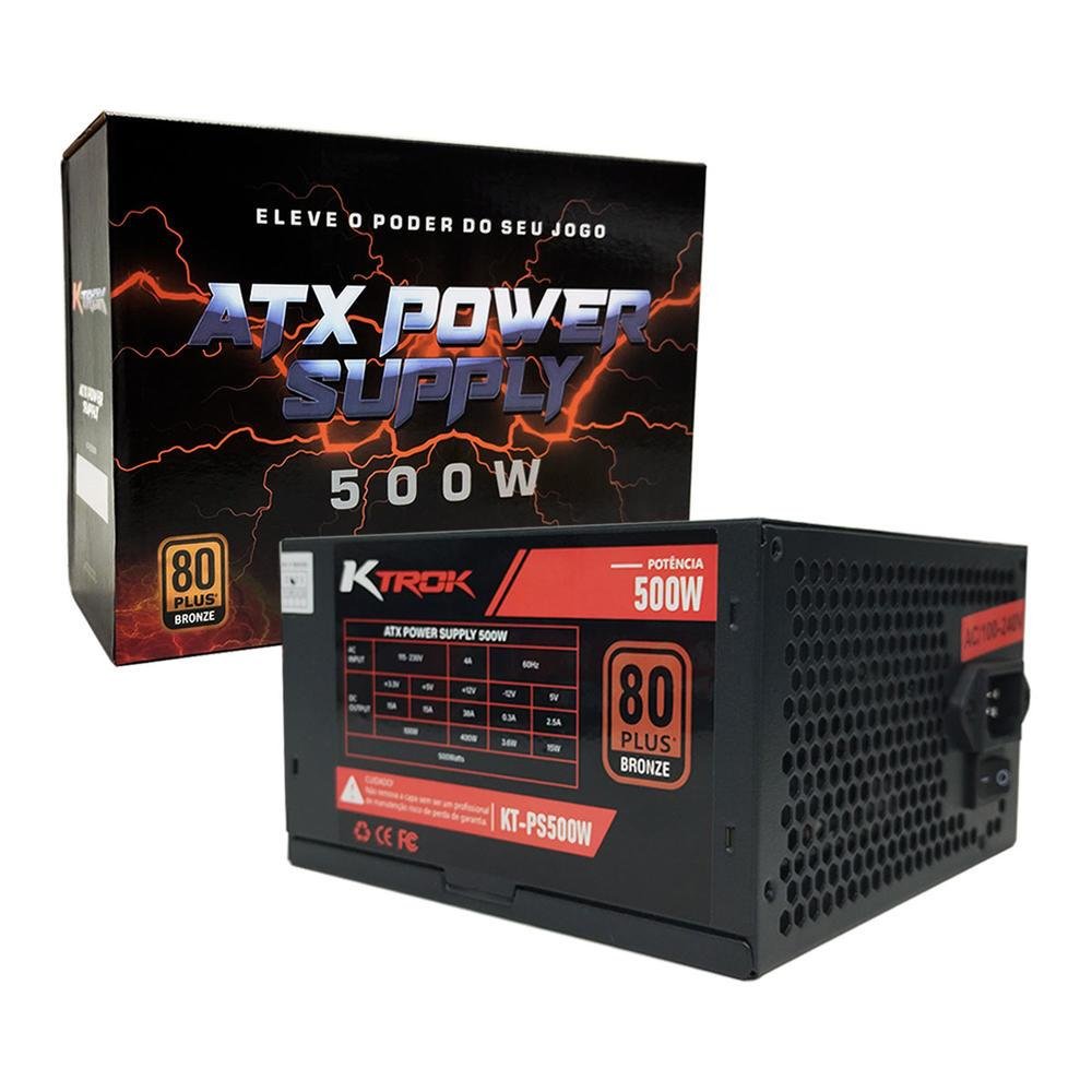 Fonte Gamer Ktrok Power Supply, 500W, 80 Plus Bronze, PFC Ativo, Bivolt Automático, Preto - KT-PS500W