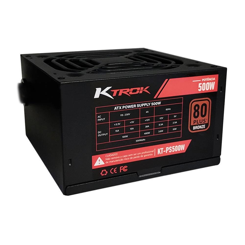 Imagem 4 de 5 do produto Fonte Gamer Ktrok Power Supply, 500W, 80 Plus Bronze, PFC Ativo, Bivolt Automático, Preto - KT-PS500W
