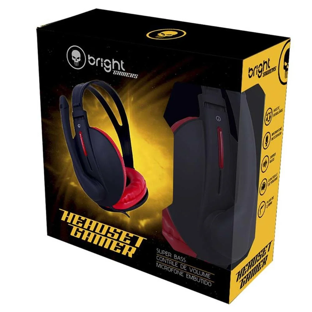 Headset Gamer, Bright Super Bass, haste regulável, vermelho e preto - 206. Headset Gamer, Bright Super Bass, haste regulável, vermelho e preto - 206.