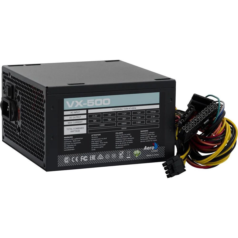 Fonte Aerocool 500W Chaveada VX-500, Bivolt, Sem Cabo de Força, EN57136