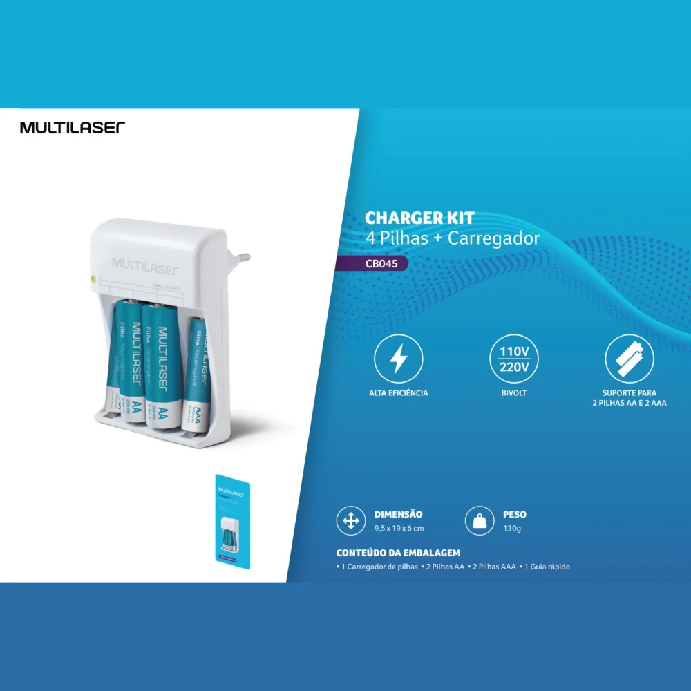 Imagem 3 de 5 do produto Carregador De Pilhas Multi AA/AAA, 2 Pilhas AA 2500Mah, 2 Pilhas AAA 1000Mah - CB045