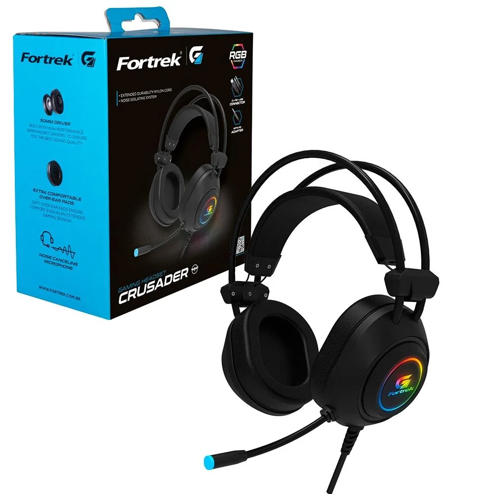 Imagem 3 de 4 do produto Headset Gamer Fortrek Crusader, RGB, Com Microfone P2 + USB, Cabo Trançado, Preto  - CRUSADER