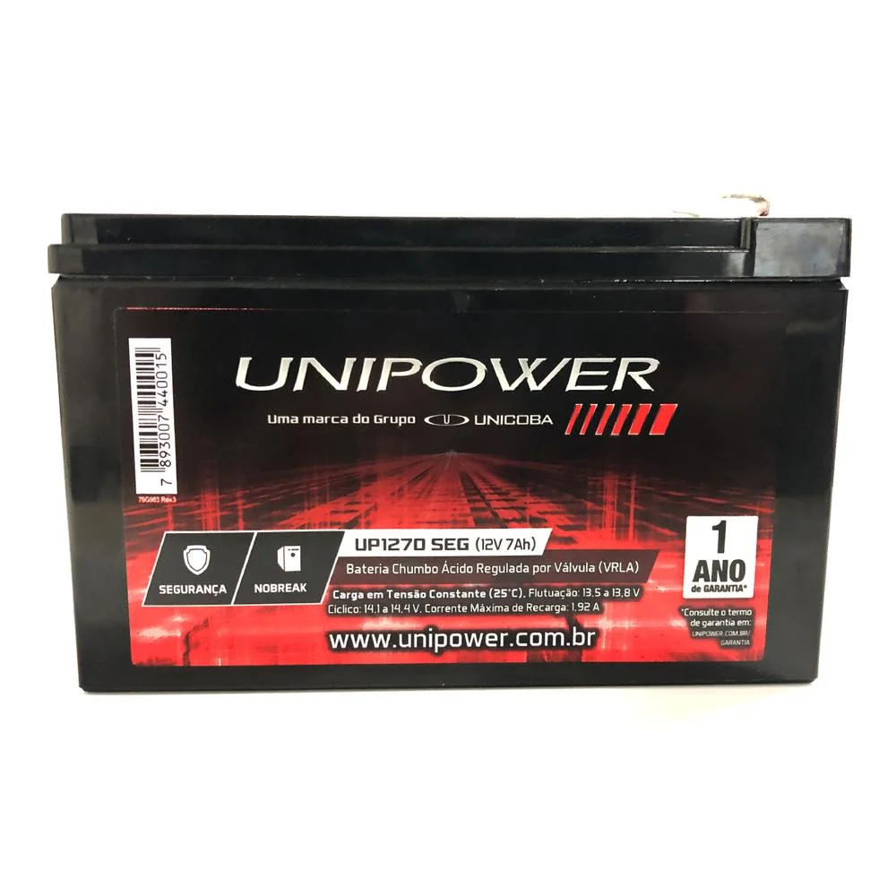 Imagem 2 de 5 do produto Bateria Selada Unipower, Para Nobreak e Sistemas de Monitoramento E Segurança, 12V, 7.0Ah, Preto - UP1270SEG