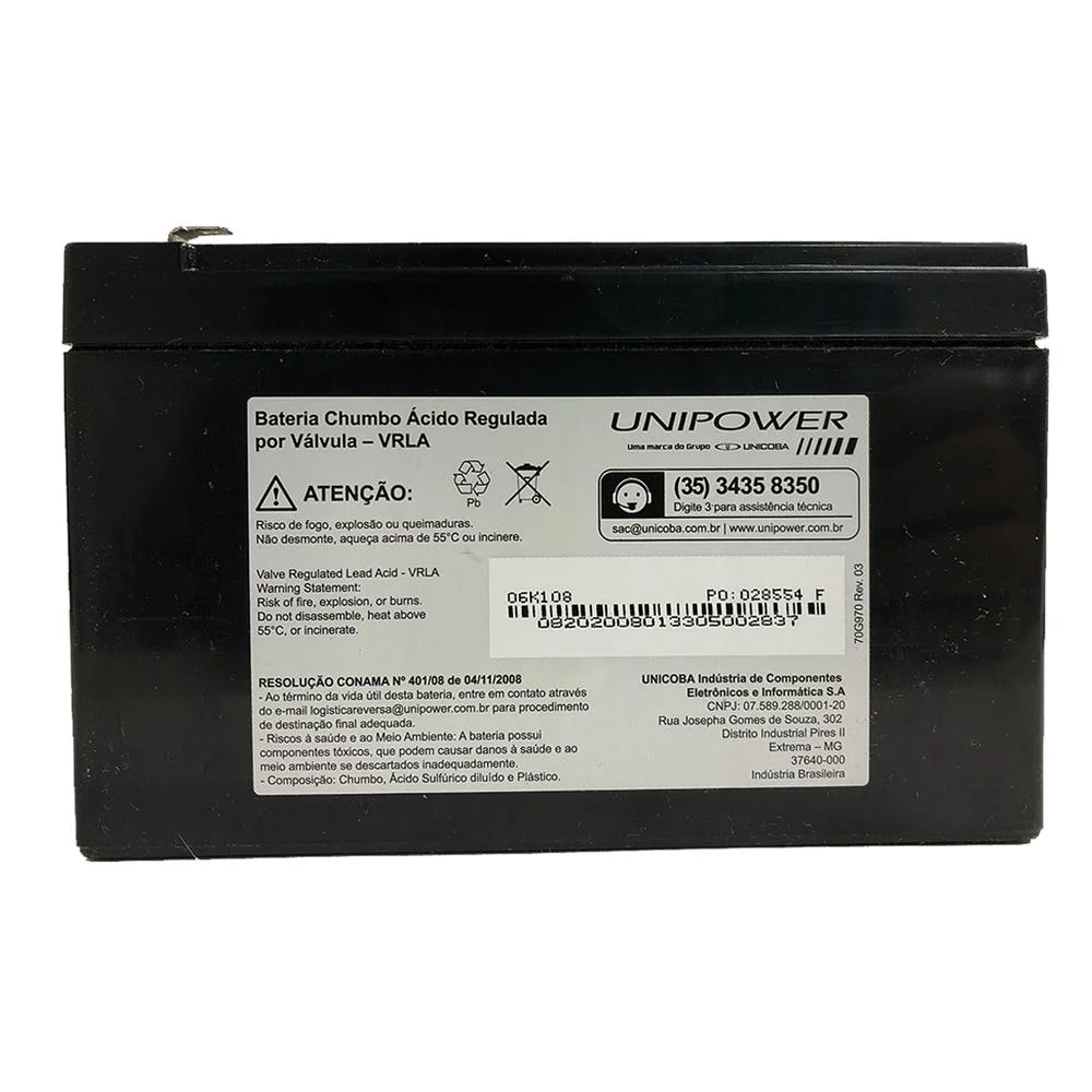 Imagem 5 de 5 do produto Bateria Selada Unipower, Para Nobreak e Sistemas de Monitoramento E Segurança, 12V, 7.0Ah, Preto - UP1270SEG