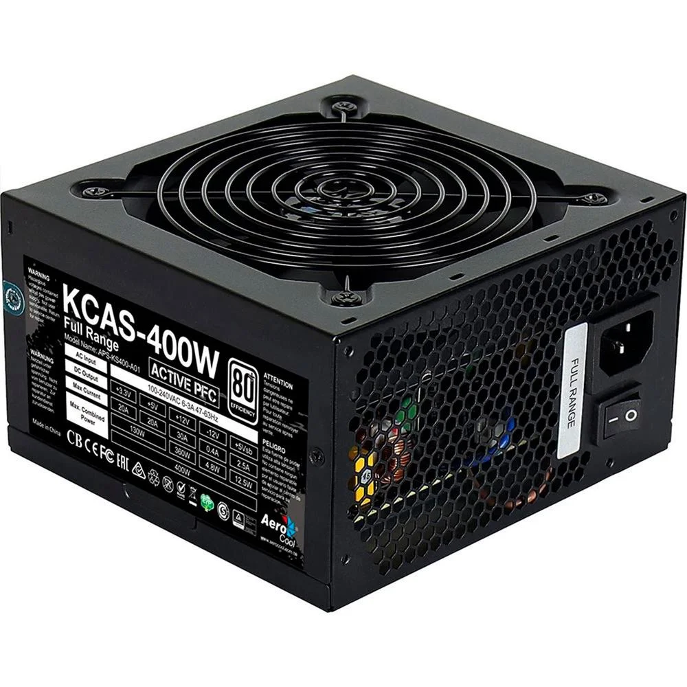 Imagem 2 de 5 do produto Fonte Aerocool Gamer, 400W, 80 Plus, PFC Ativo, White Full Range, KCAS