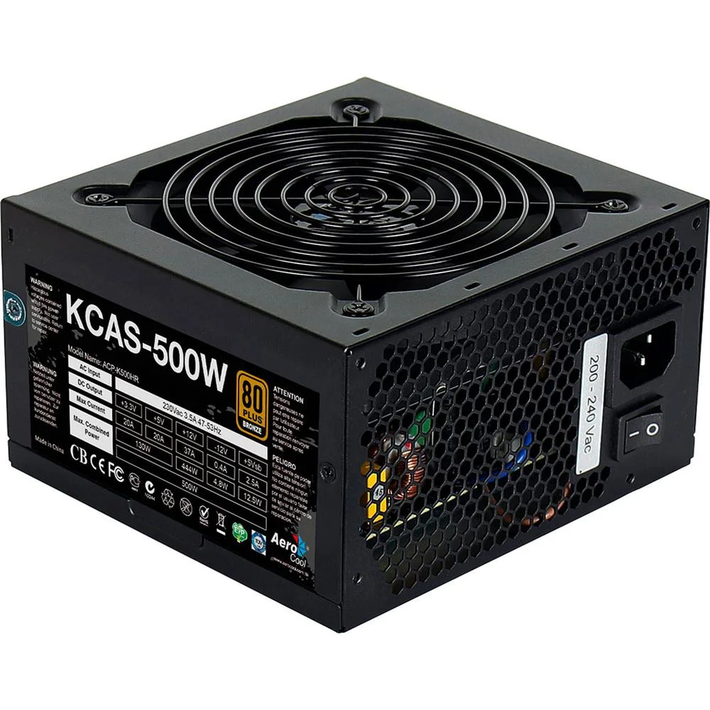 Imagem 3 de 5 do produto Fonte Aerocool Gamer, 500W, 80 Plus Bronze, PFC Ativo, Full Range, KCAS