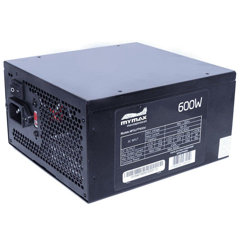 Fonte Mymax ATX, 600W, 24 Pinos, 2 SATA, High Power - MPSU/FP600W