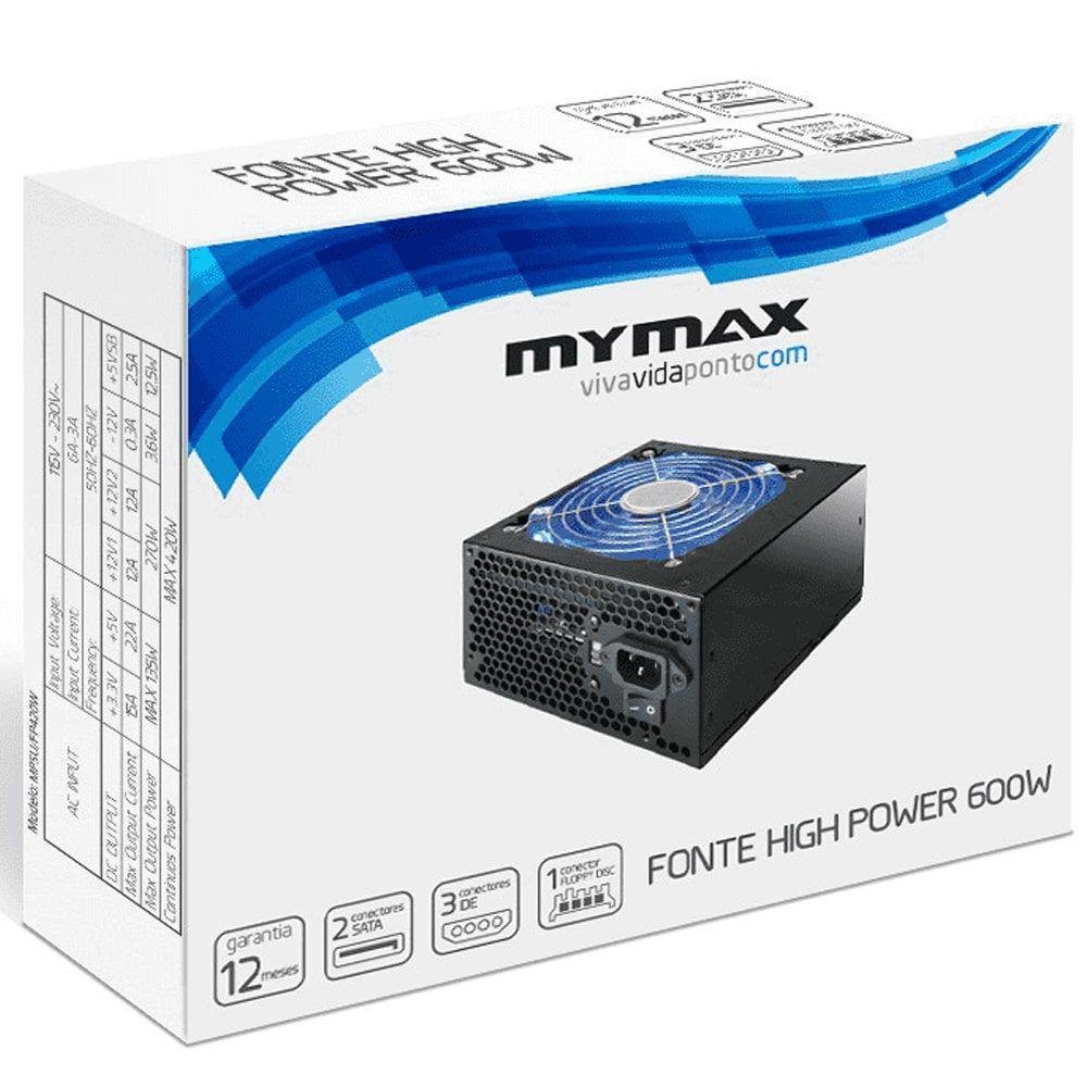 Fonte Mymax ATX, 600W, 24 Pinos, 2 SATA, High Power - MPSU/FP600W
