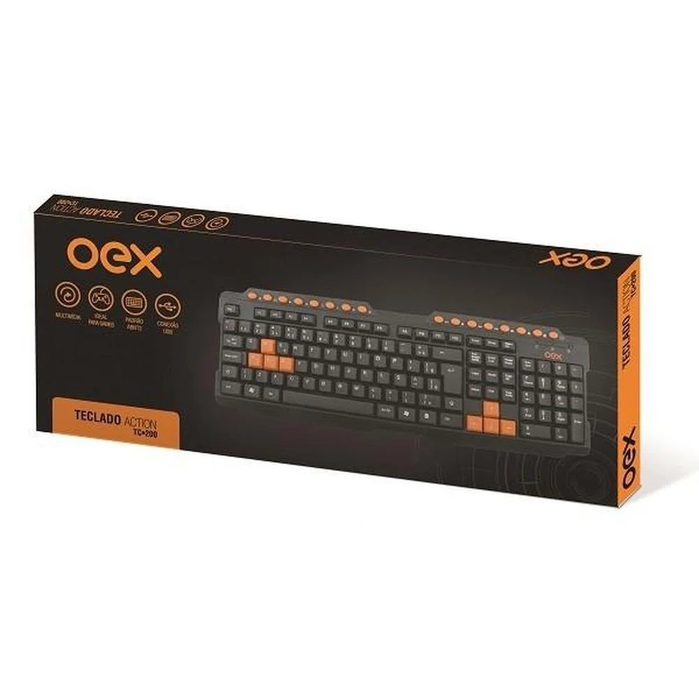 Teclado Multimídia Gamer USB Action, Preto E Laranja, OEX - TC200 Teclado Multimídia Gamer USB Action, Preto E Laranja, OEX - TC200