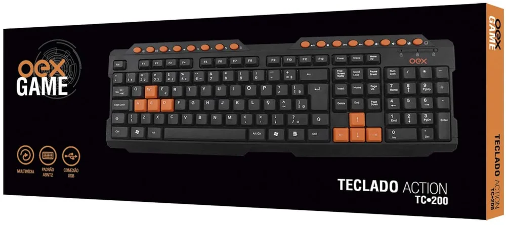 Teclado Multimídia Gamer USB Action, Preto E Laranja, OEX - TC200 Teclado Multimídia Gamer USB Action, Preto E Laranja, OEX - TC200