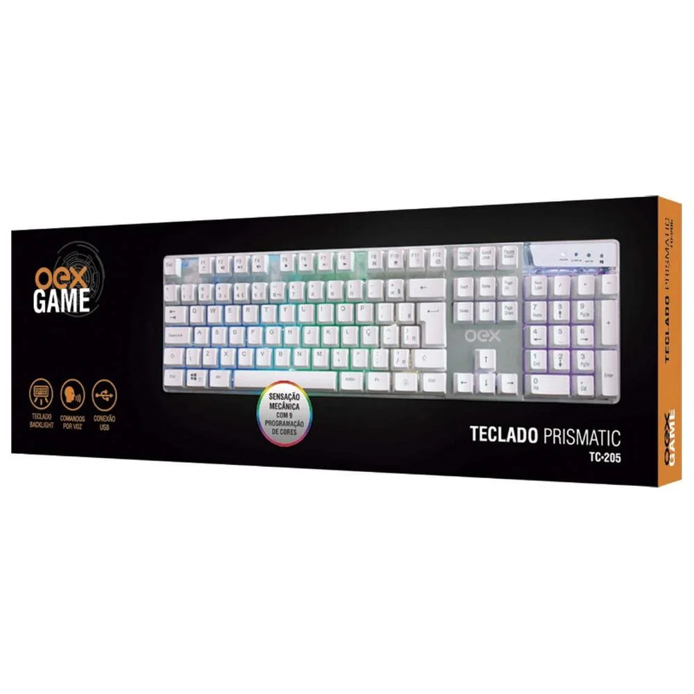 Imagem 2 de 5 do produto Teclado OEX Gamer Prismatic, ABNT2, LED Rainbow, Branco - TC205