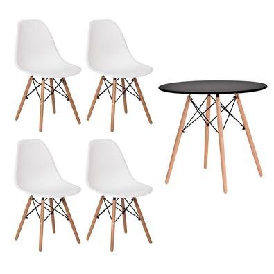Conjunto Kit 4 Cadeiras Eiffel Eames + 1 Mesa Eames 80cm, Base Madeira Sala - Cadeiras Branca e Mesa Preta...