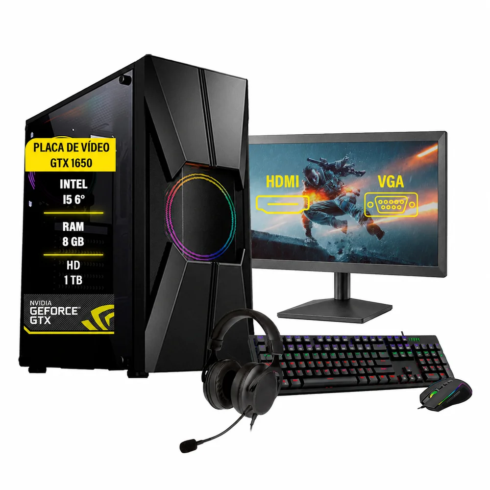 PC Gamer Amorim Ghost, Intel Core I5 6400T Geração 6 2.20GHz, 8GB, GTX 1650 4GB OC, HD 1TB, SSD 240GB + Monitor 19 + Kit Gamer