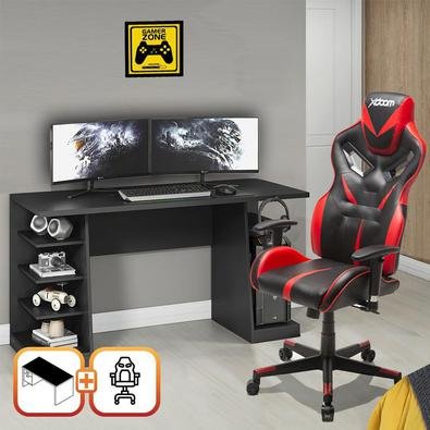 Kit Bela Cadeira Gamer MoobX Fire Profissional Deluxe + Mesa Gamer XP Preto/Vermelho.