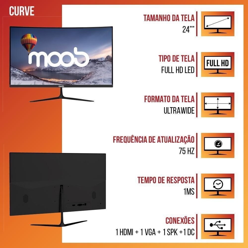Imagem 4 de 5 do produto Monitor Moob 24 Polegadas, Full HD, 75Hz, 2ms, LED, Tela Curva, HDMI