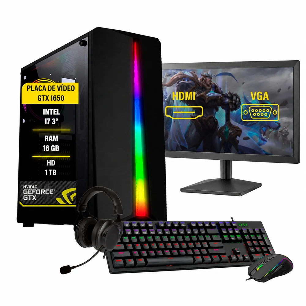 Computador Gamer Completo Bravus Intel Core I7, RAM 16GB, 1TB, SSD 120GB, GTX 1650, Windows 10