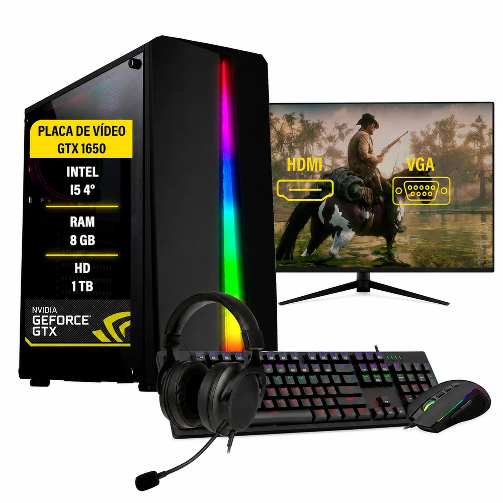 Computador Gamer Completo, Intel i5-4570, 4a Geração, GTX 1050TI, 8GB, HD 1TB