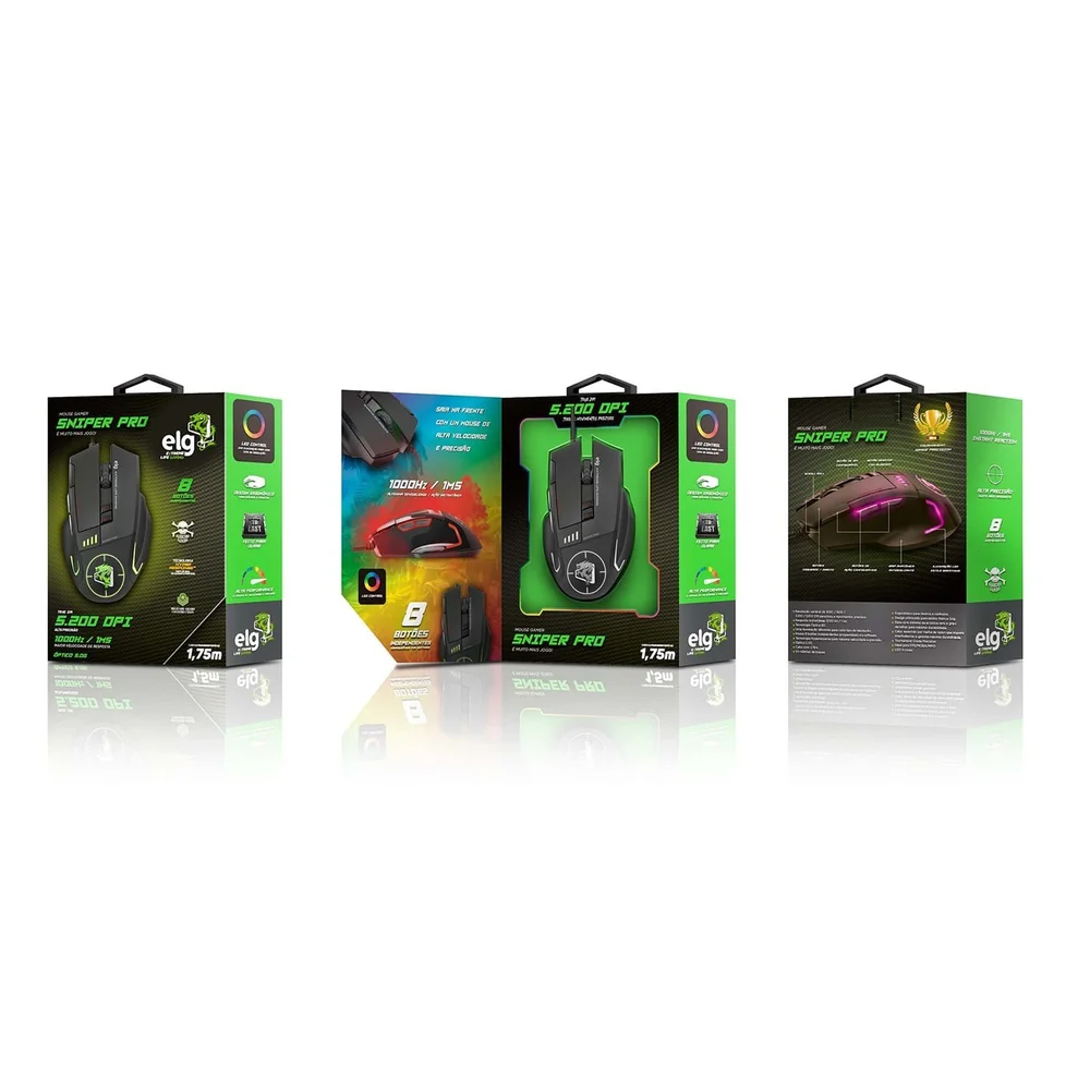 Imagem 4 de 5 do produto Mouse Gamer ELG Sniper Pro, RGB, 5200 DPI, 8 Botões, Preto - Mgsp
