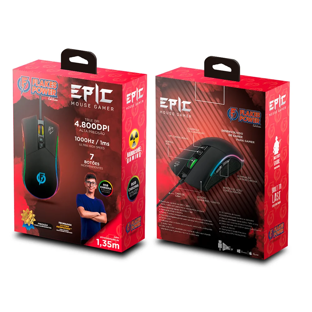 Mouse Gamer Epic, Flakes Power, ELG RGB com 7 Botões, 4800 DPI - FLKM001.
