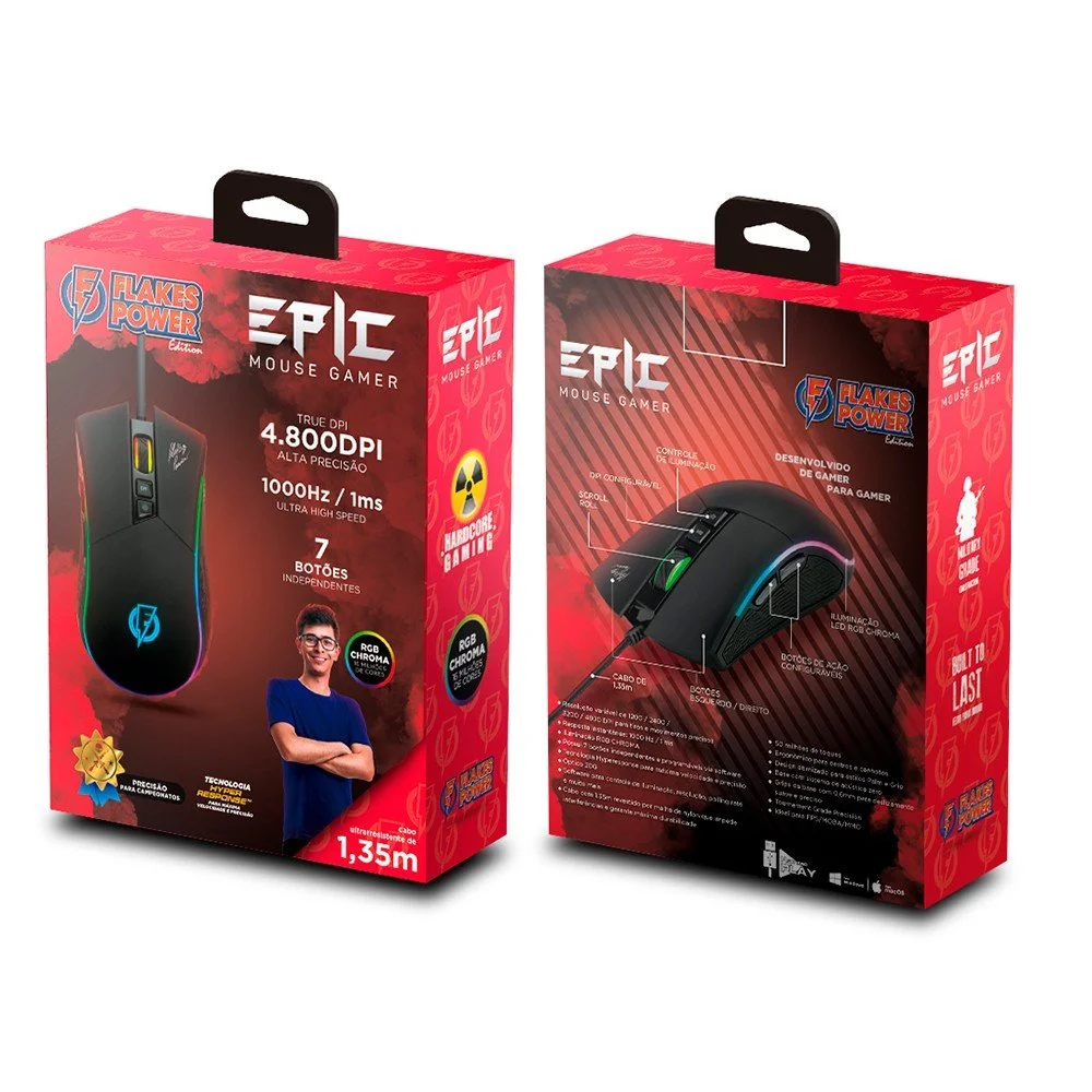 Mouse Gamer Epic, Flakes Power, ELG RGB com 7 Botões, 4800 DPI - FLKM001.