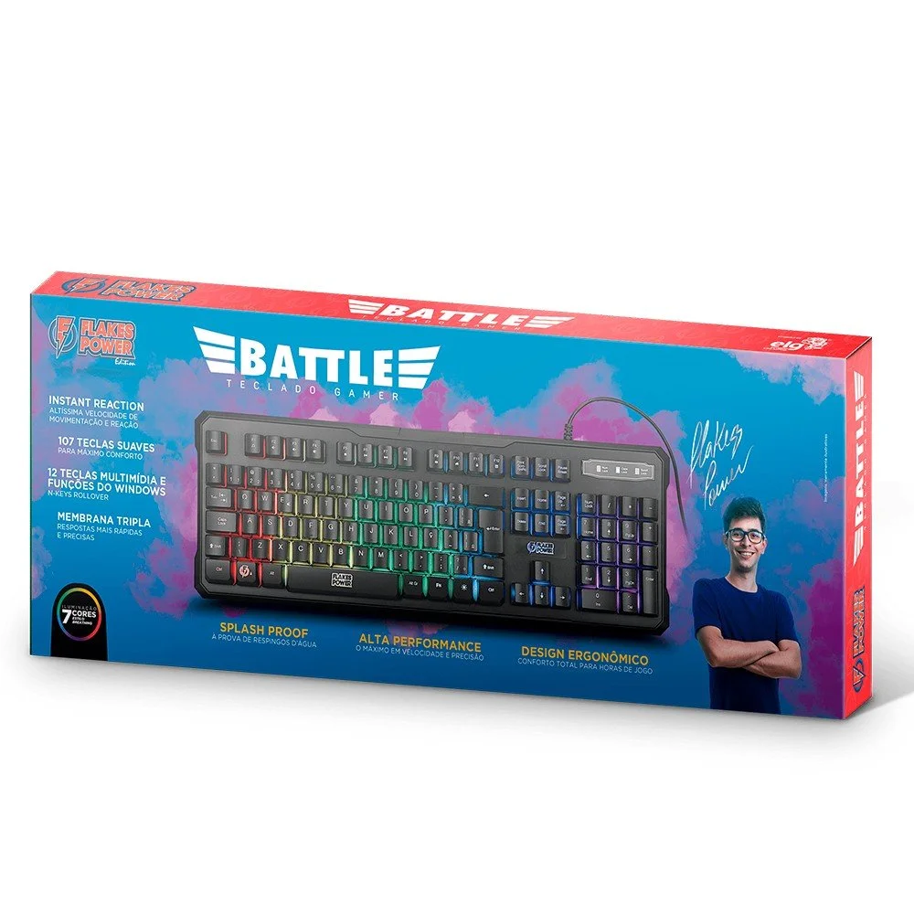 Teclado Gamer ELG Flakes Power Battle, RGB, Preto, Membrana Tripla, 107 Teclas, Retro iluminadas, Abnt2 - FLKT001 Teclado Gamer ELG Flakes Power Battle, RGB, Preto, Membrana Tripla, 107 Teclas, Retro iluminadas, Abnt2 - FLKT001