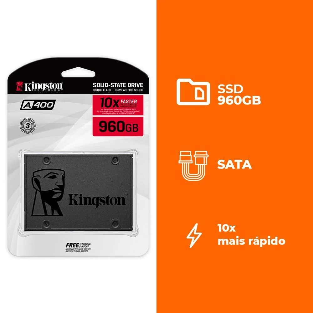 SSD Kingston A400 960GB, 2.5" SATA 3, Leitura 500MB/s E Gravação 450MB/s - Sa400s37/960g SSD Kingston A400 960GB, 2.5" SATA 3, Leitura 500MB/s E Gravação 450MB/s - Sa400s37/960g