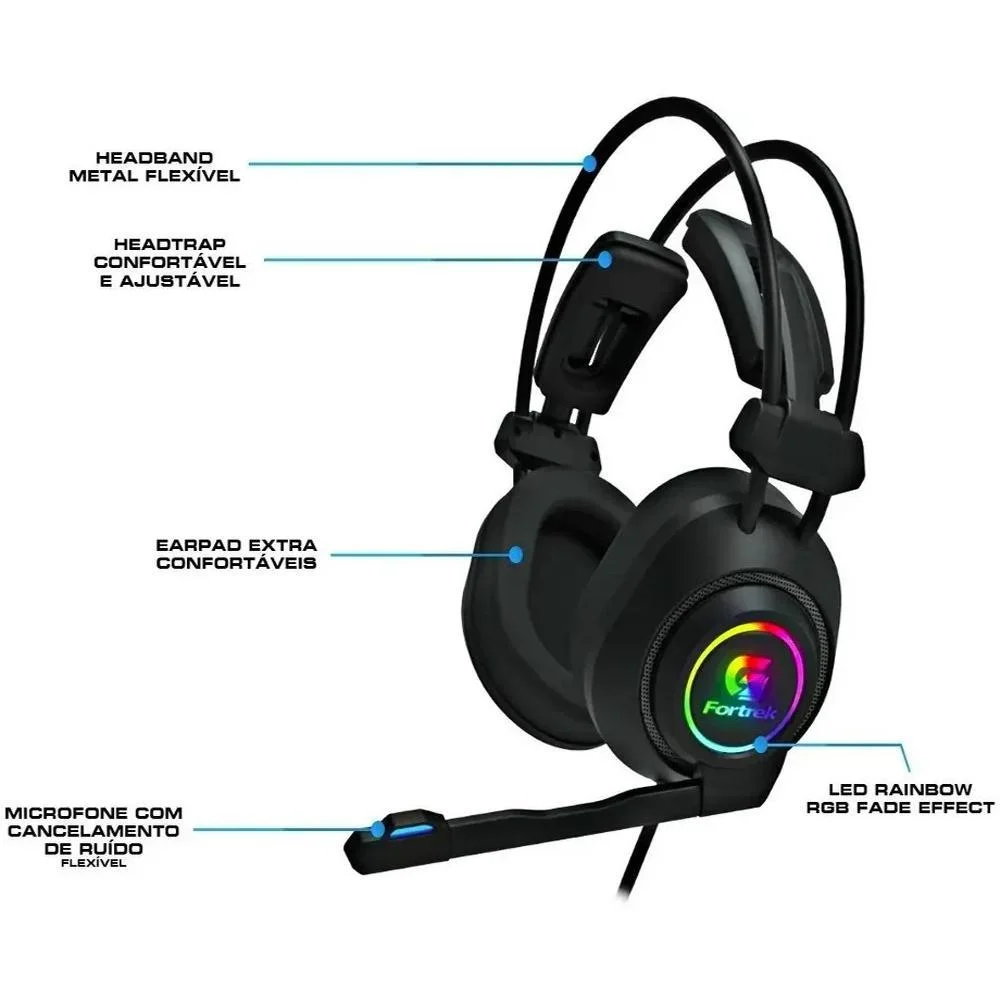 Imagem 3 de 5 do produto Headset Gamer Fortrek Vickers, RGB, 50Mm, P2 + USB, Com Adaptador P3, Preto - 70556