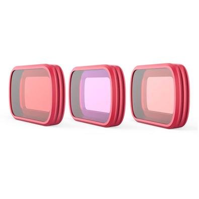 Este kit de filtros de mergulho para Osmo Pocket da Pgytech é composto por 3 diferentes tipos: 1 filtro vermelho, 1 filtro magenta e 1 filtro snorkel,
