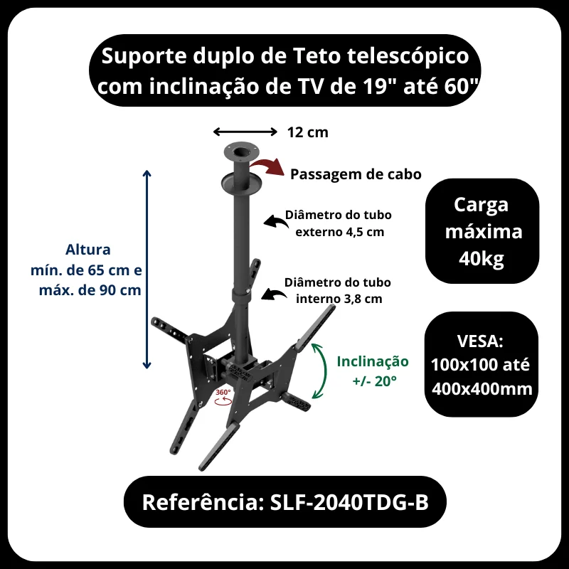Imagem 5 de 5 do produto Suporte De Teto Para Duas Tvs Avatron Slf-2040tdg-b 19 À 60 Pol
