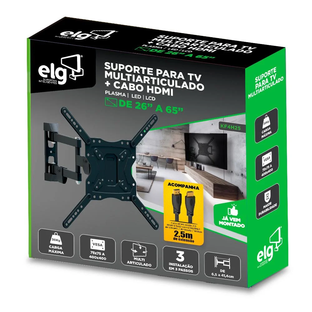 Imagem 3 de 5 do produto Suporte Articulado De Parede Para Tv E Monitor De 26" A 55", Incluso Cabo HDMI 2,5 Metros, Preto, Kf4h25, Elg