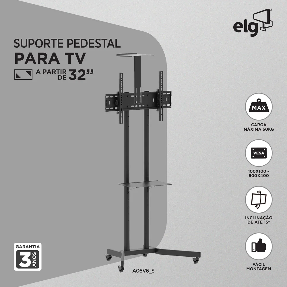 Imagem 2 de 5 do produto Suporte Pedestal Móvel Para Tv, 32" A 75", Suporte Até 50kg, Altura Ajustável, Inclinação, Rodízios, Preto, A06v6_s, Elg